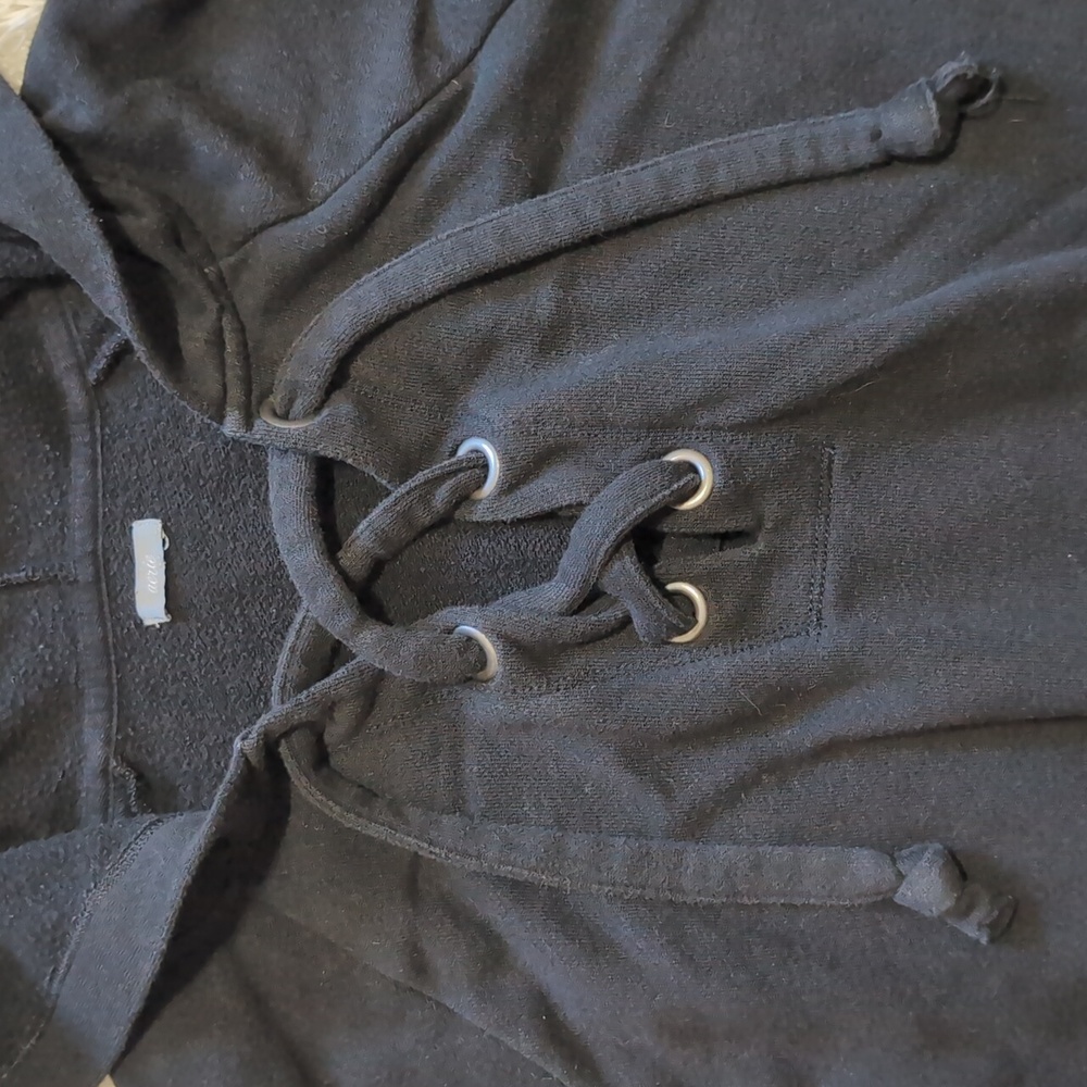 Aerie Black Oversized Lace Up Neckline Crop Hoodie Fall Sweatshirt Large - Picture 4 of 11